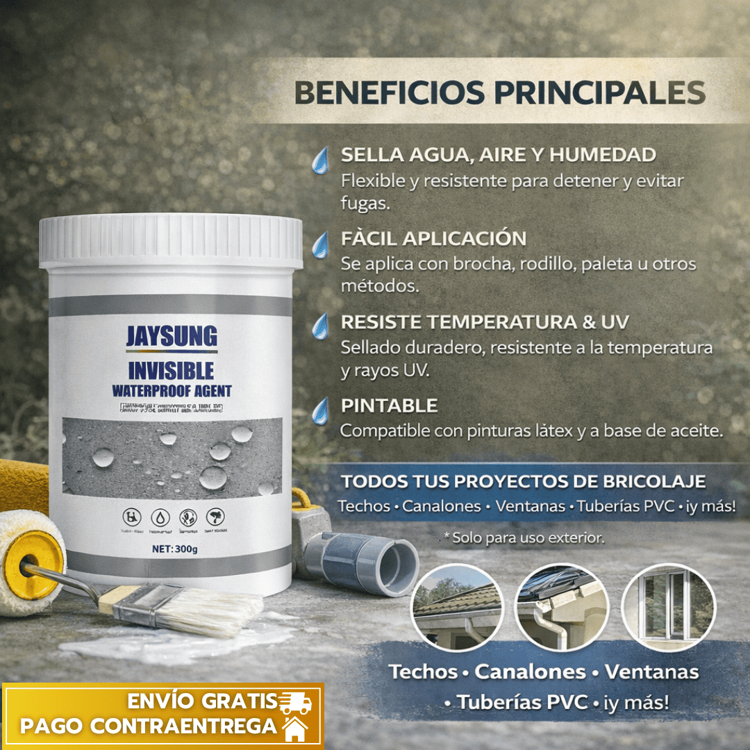 HydroFix™: Sellador impermeabilizante que sella fugas y grietas, resistente al agua, humedad y UV. 🔧✨